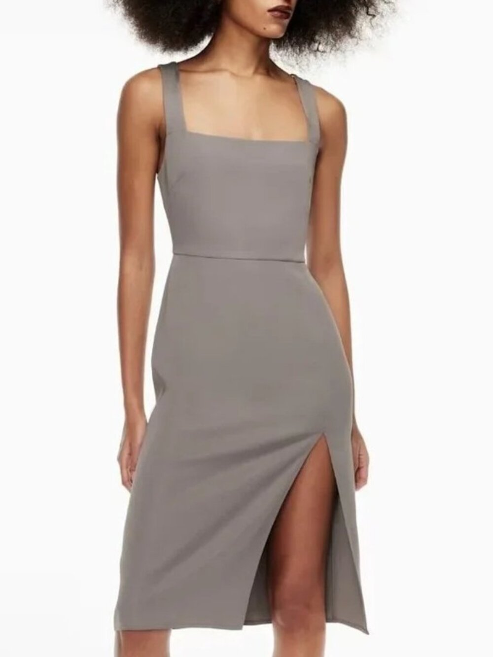 Artizia Babaton 90s Slit Matte Satin Square Neck Midi Dress Sexy Chic Minimalist